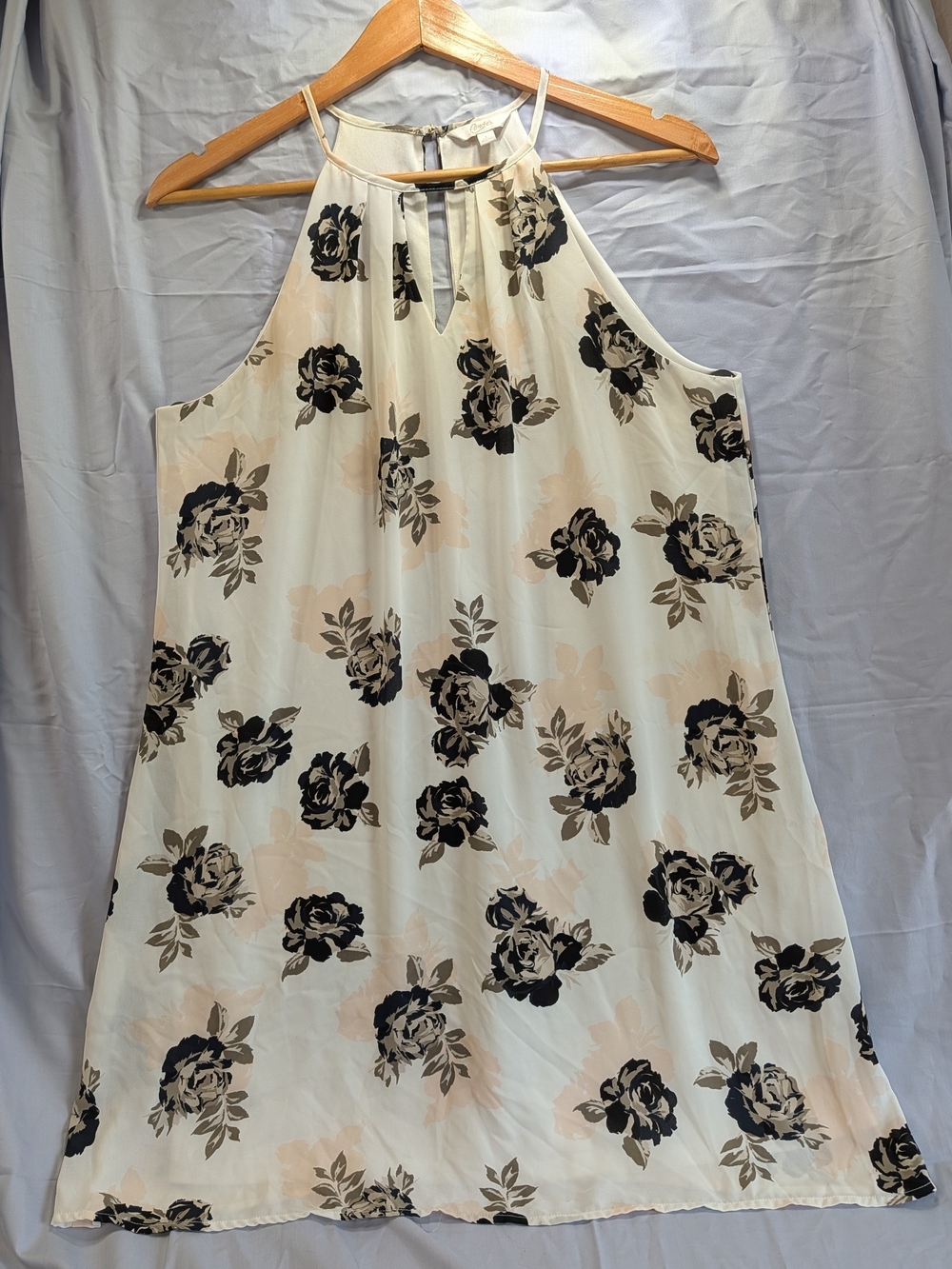 Candies Floral Halter Neck A-Line Dress in Cream w/Black & Pink Print Size L